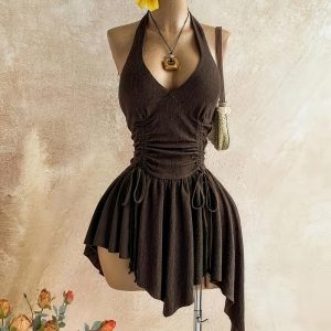 Elegant Ruched Asymmetrical Mini Dress – Lime Green