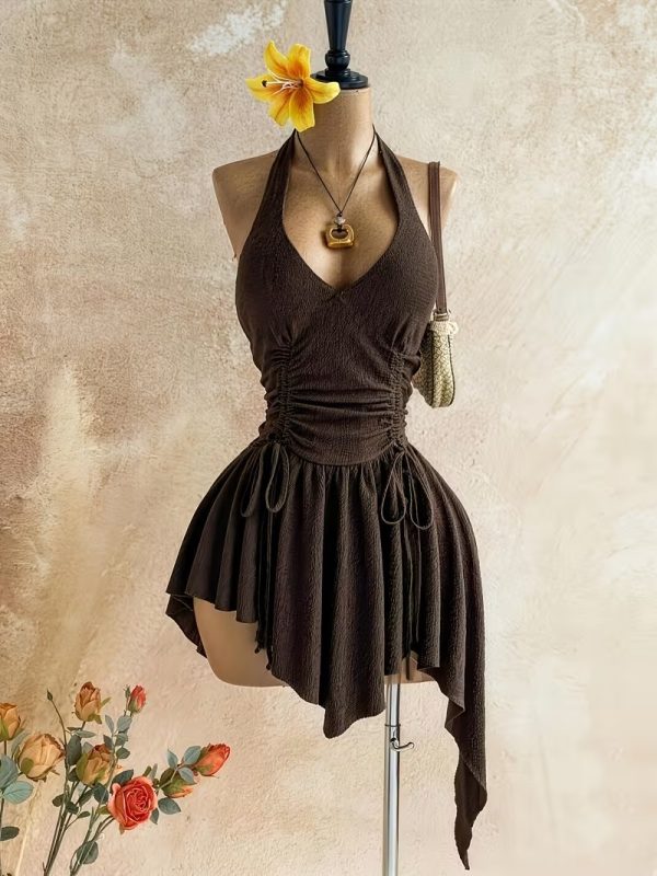 Elegant Ruched Asymmetrical Mini Dress – Lime Green