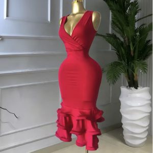 Scarlet Elegance Ruffle Hem Midi Dress
