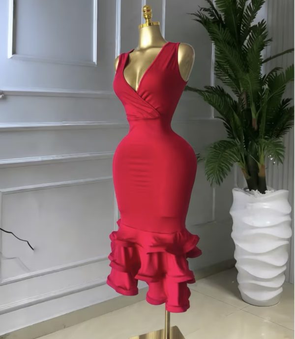 Scarlet Elegance Ruffle Hem Midi Dress