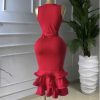 Scarlet Elegance Ruffle Hem Midi Dress