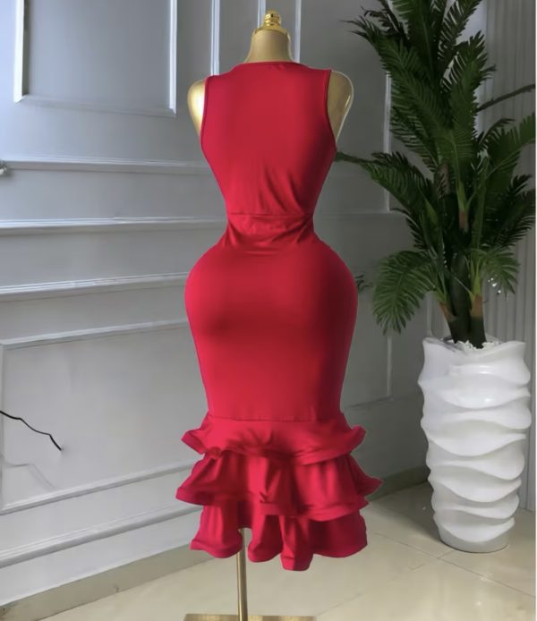 Scarlet Elegance Ruffle Hem Midi Dress