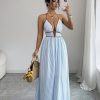 Sky Blue Striped Halter Maxi Dress