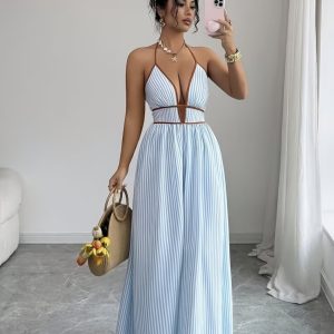 Sky Blue Striped Halter Maxi Dress