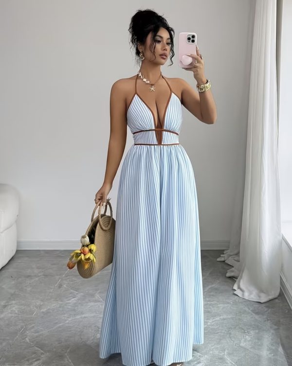 Sky Blue Striped Halter Maxi Dress