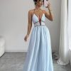 Sky Blue Striped Halter Maxi Dress