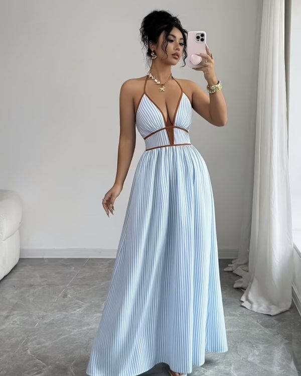 Sky Blue Striped Halter Maxi Dress