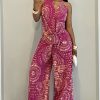 Women’s Printed Halter Neck Wide-Leg Jumpsuit – Magenta