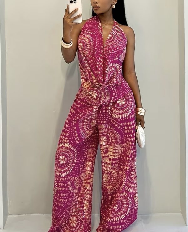 Women’s Printed Halter Neck Wide-Leg Jumpsuit – Magenta