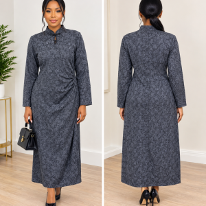 Elegant Printed Long-Sleeve Midi Dress