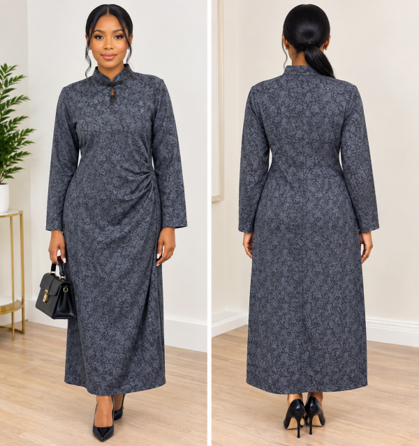 Elegant Printed Long-Sleeve Midi Dress