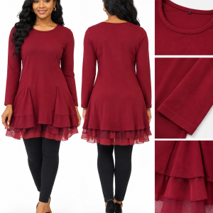 Burgundy Ruffle-Hem Long-Sleeve Top